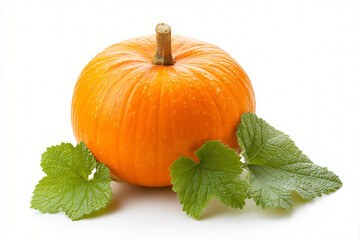 Fresh orange pumpkin with green leaves.