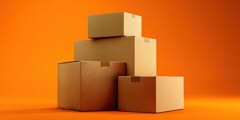 Obraz premium Stacked Cardboard Shipping Boxes on Bright Orange Background