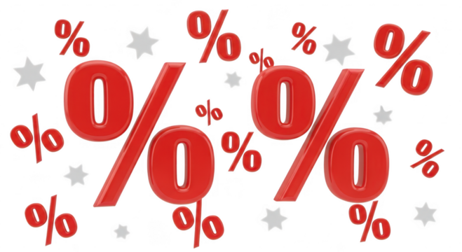 Large red percentage symbols and small white stars isolated on transparent background