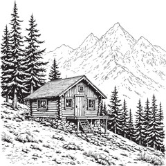 A captivating black and white illustration of a rustic log cabin nestled in a mountain landscape.