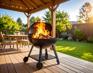 Outdoor grill under a pergola on a sunny patio