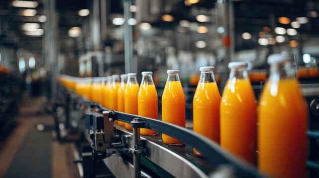 Elegant photo of conveyor belt, juice in glass bottles on beverage plant or factory interior, industrial manufacturing production line.