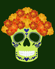 Day of the Dead festive skull in a wreath of marigolds, a symbol for a traditional Mexican holiday