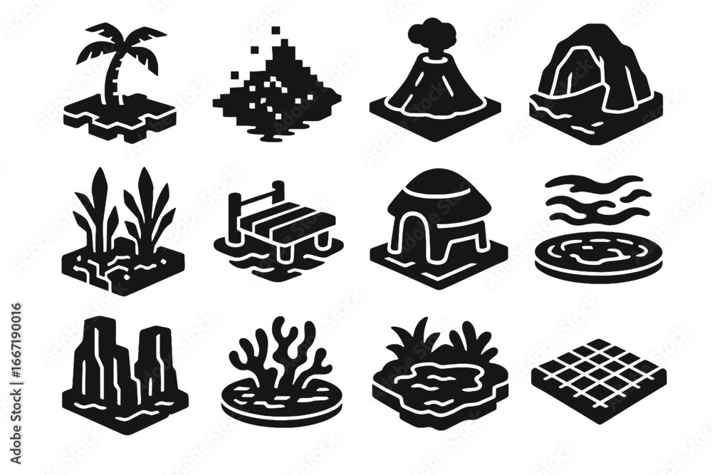 Poster volcano cave vector island tree pixelated cyber lagoon icon virtual floating
