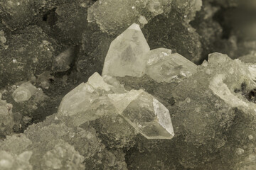 Macro photograph of three sharp quartz crystals set in a rough, green mineral matrix. A detailed natural texture ideal for geology content, design templates, or crystal-themed editorial use