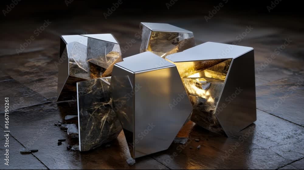 Poster metallic geometric cubes with cracks and fragments on the floor illuminated from inside with soft li