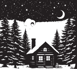 A charming illustration of a log cabin nestled in a snowy forest at night.