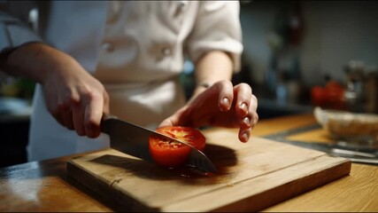 Chef slicing fresh red tomato on wooden cutting board with sharp knife - Powered by Adobe