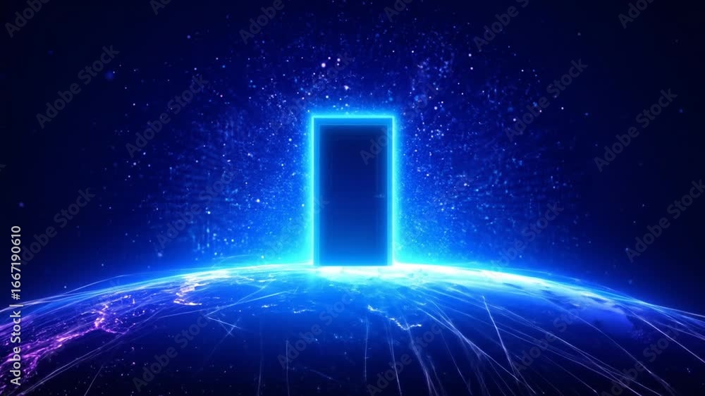 Poster glowing blue rectangular doorway above connected globe emitting light and energy in dark cosmic sett