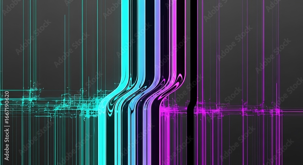 Poster illustration of abstract background with cyan and purple neon light lines forming a digital circuit 