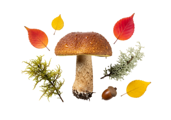 A bolete mushroom, highlighted by colorful autumn leaves, moss, and an acorn, is presented against a pure black background.