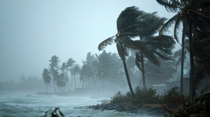 Elegant photo of extreme weather conditions. Very strong wind blows palm trees on island. Tropical storm. Bad weather concept. Flood on the beach. Flooding due to heavy rain.