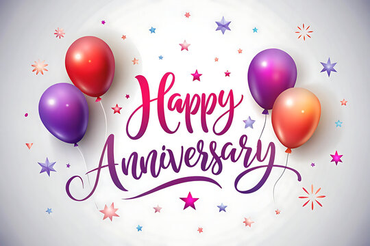Elegant Happy Anniversary Celebration Design with Balloons and Confetti on White