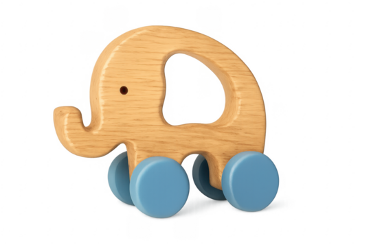 Wooden elephant toy rolling on blue wheels with transparent background