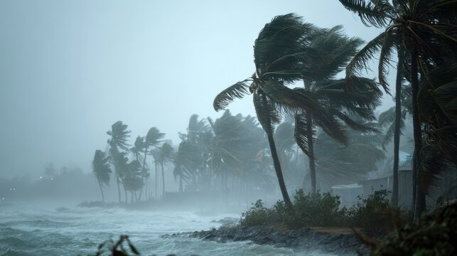 Elegant photo of extreme weather conditions. Very strong wind blows palm trees on island. Tropical storm. Bad weather concept. Flood on the beach. Flooding due to heavy rain.
