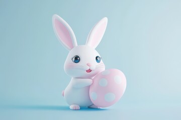 Obraz premium Whimsical Bunny Presenting Colorful Easter Egg Against Soft Blue Hues in Three-Dimensional Style