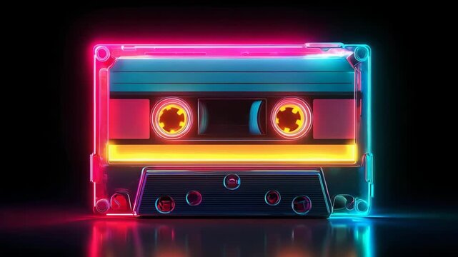 Vibrant neon cassette tape showcasing retro music culture