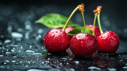 Close up of fresh cherries with water drops on dark background, a sweet and healthy dessert option