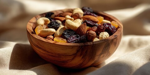 Wooden Bowl of Mixed Nuts and Dried Fruit on Beige Fabric