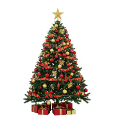Beautifully decorated christmas tree with presents isolated on transparent background