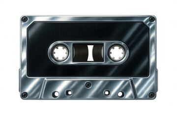 Obraz premium Shiny metallic audio cassette tape isolated on transparent background, evoking nostalgia for vintage music technology