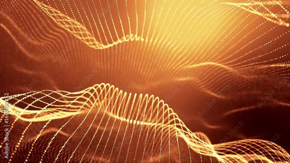 Poster vj loop a mesmerizing animation of golden particles forming abstract waves that endlessly cycle. ide