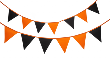 Two strings of halloween bunting flags in orange and black isolated on transparent background