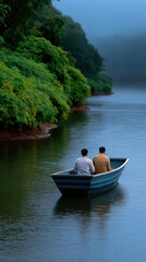 Father and son rowing a boat together on a calm river at dusk