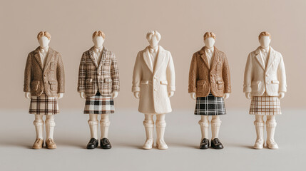 five plastic figurine toys of scottish men in jackets and kilts