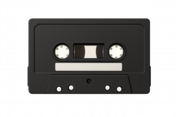 Classic black audio cassette tape isolated on transparent background, representing nostalgic music technology and vintage audio recording