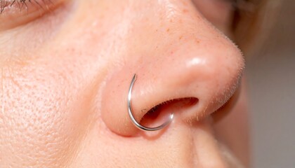 Close-up of a stylish silver septum ring adorning a person's nose, showcasing modern body jewelry fashion