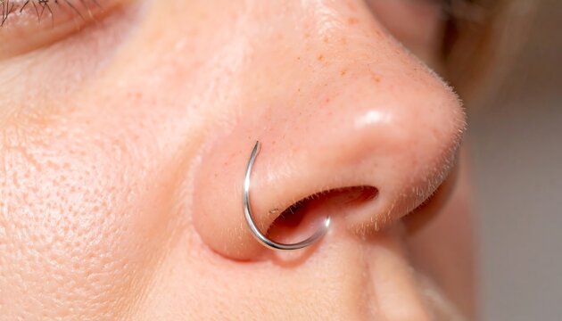 Close-up of a stylish silver septum ring adorning a person's nose, showcasing modern body jewelry fashion