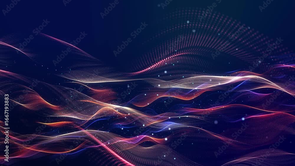 Poster Waves run on surface from purple particles. Surface is formed by glowing particles. Looping motion design animation is a huge scene with wide angle. Suitable for festive events and presentations