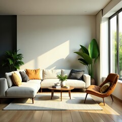 Fototapeta premium Modern living room, lush greenery, natural light, plants interior, bright, urban jungle