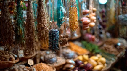 Spices and dried herbs hanging at local market stall in warm rustic atmosphere