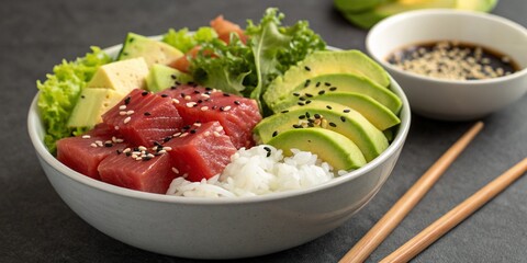 Close up of a poke bowl with tuna, avocado, rice, and salad with soy sauce on table