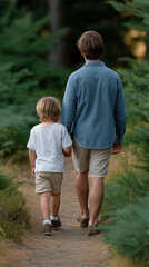 Fototapeta premium Father and son walking together on a scenic trail in the woods, enjoying the outdoors