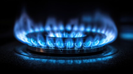 Elegant photo of gas blue flame. Gas stove on a black background. Natural gas inflammation in a furnace burner, close-up view.