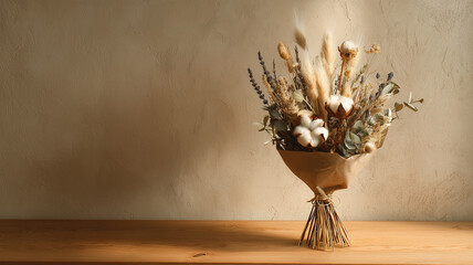 ドライフラワーの花束と麻ひもの結び素朴な静物構図