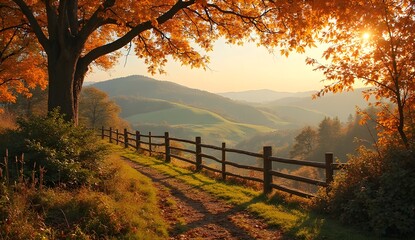 Scenic autumn path under tree with red leaves and wooden fence