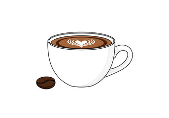 Obraz premium A white coffee cup filled with latte art, featuring a heart-shaped design, sits against a black background, accented by a single coffee bean.