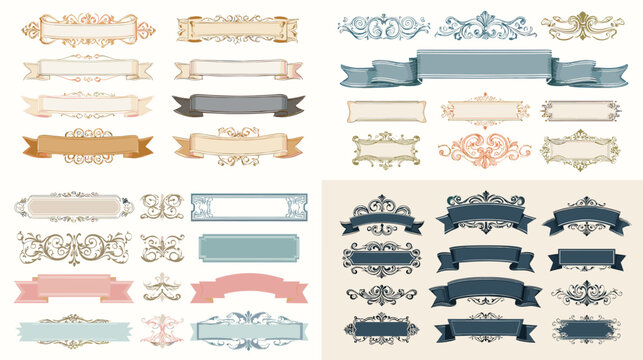 Collection of vintage ribbon frames and decorative banners in elegant styles, perfect for wedding invitations, certificates, retro labels, and classic design.