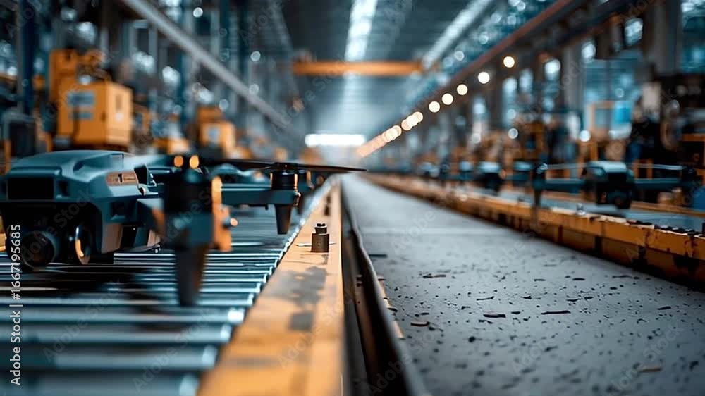 Poster drones moving on assembly line in modern factory