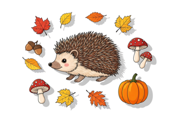 A charming hedgehog surrounded by autumnal leaves, acorns, mushrooms, and a pumpkin, creating a whimsical and colorful autumnal scene.