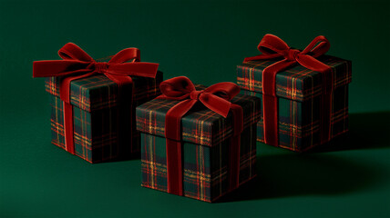 緑赤チェック柄包装で並ぶ三つのギフトボックス