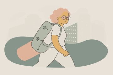 Elderly woman with pink hair and trendy glasses, skateboard in backpack, walking through the city