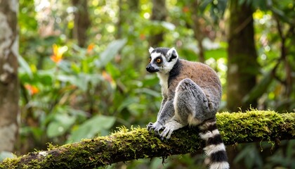 Obraz premium A wild Ring-tailed Lemur sitting on a mossy branch in the lush Madagascar jungle