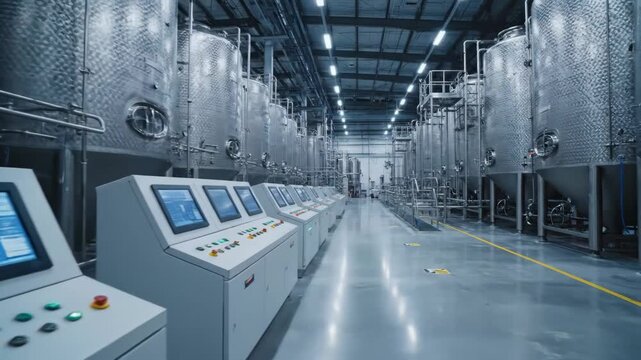 Modern Industrial Factory Interior with Stainless Steel Tanks - A long shot of a clean, modern industrial factory interior featuring rows of large stainless steel tanks and control panels.
