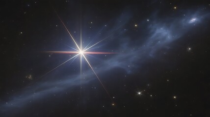 Brilliant star burst lens flare effect with cosmic dust and nebula glow on dark expanse