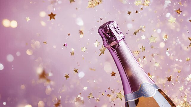 A bottle of champagne with golden stars spilling out on a pastel pink background,